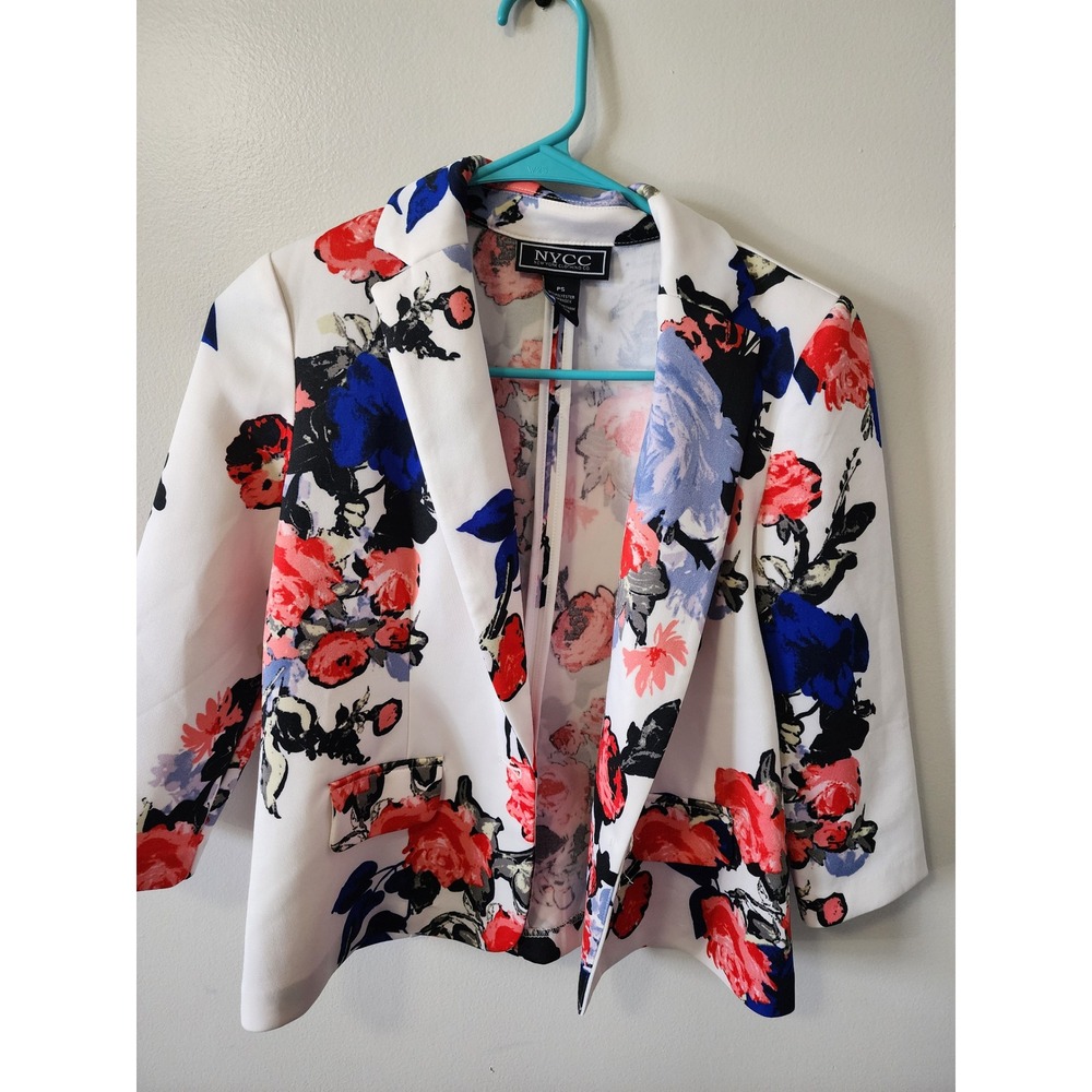 NYCC Floral Open-Front Blazer Petite Small White Blue Coral 3/4 Sleeve